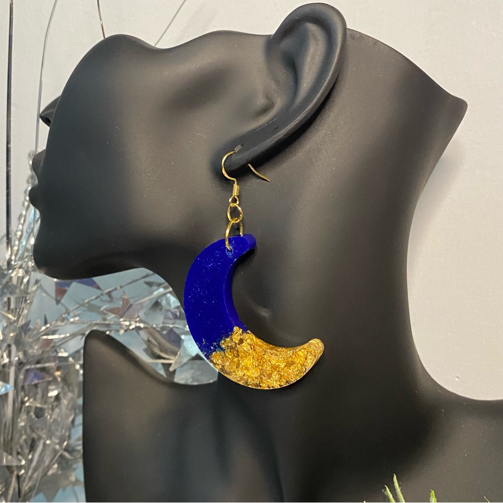 Sjb Handmade Blue Gold Moon Shape Resin Earrings Gold Fish Hook Rubber Back